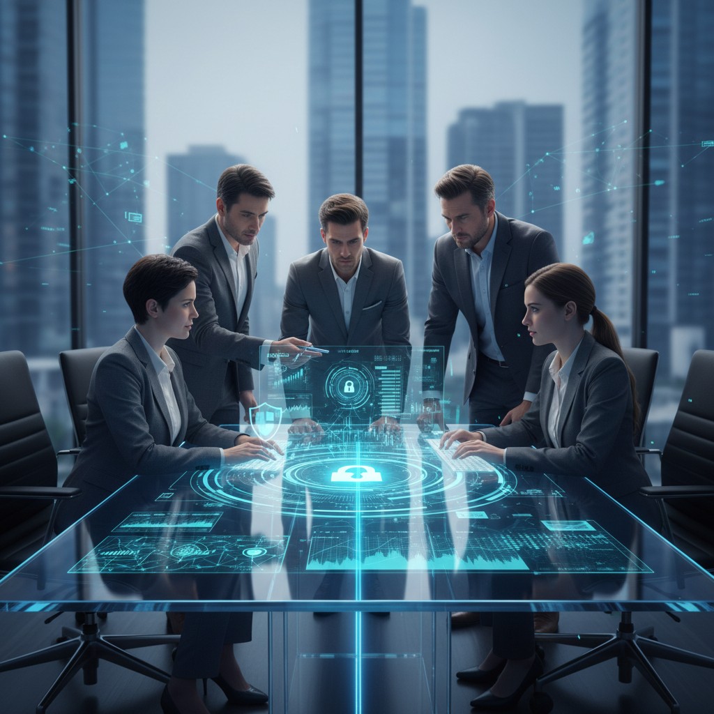 Men and women in grey suits working in front of holographic screen displaying security data in blue tinted office area, sk...