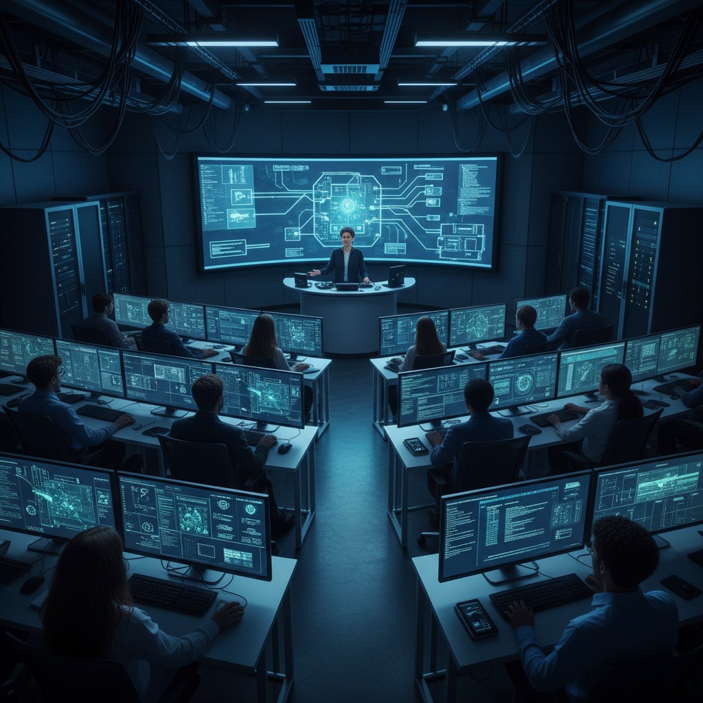 A dark room with a large screen displaying technical data, where a woman stands in front of a long table with others seate...