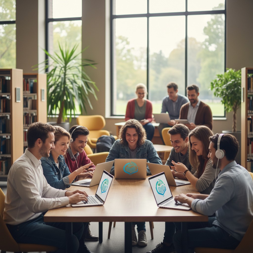 Description of students in a library studying on laptops and headphones.
