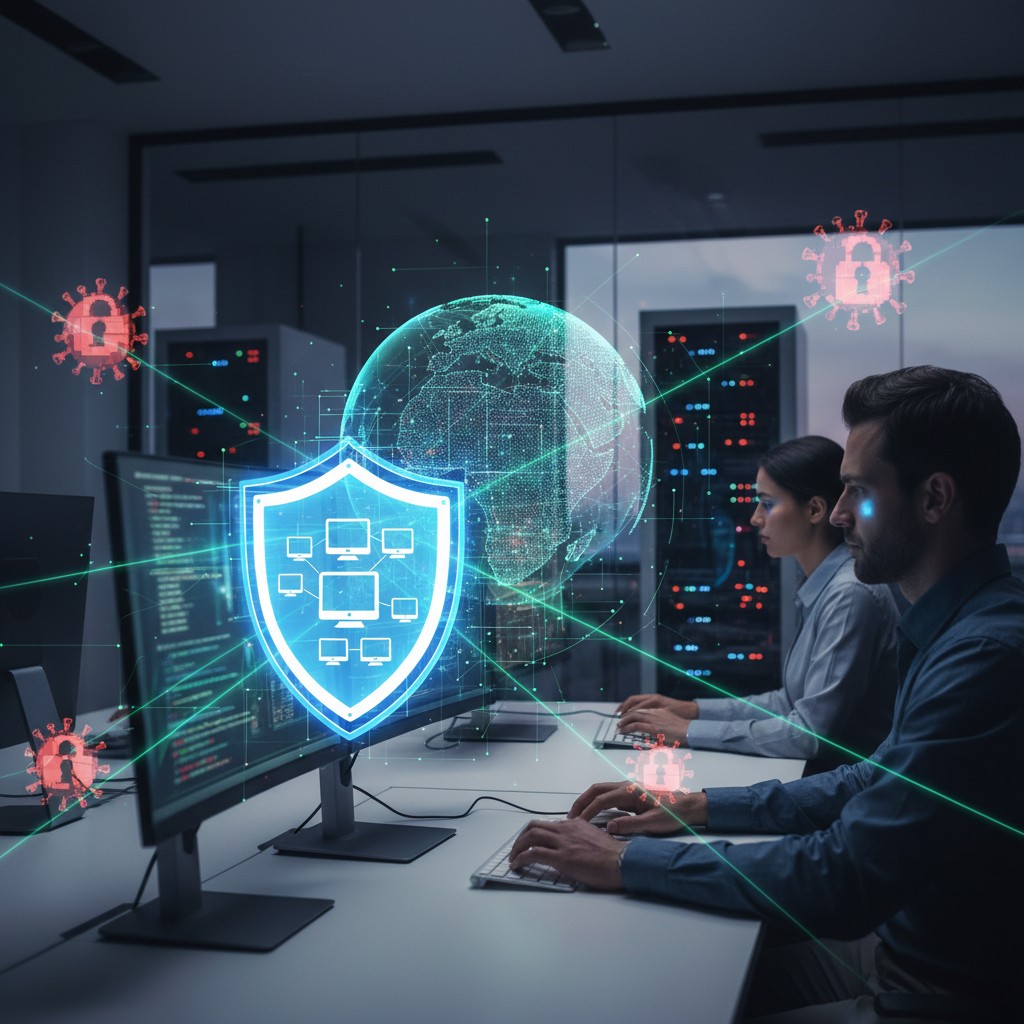 An illustration of two men at computers in an office setting, with a digital shield and globe superimposed over the image ...